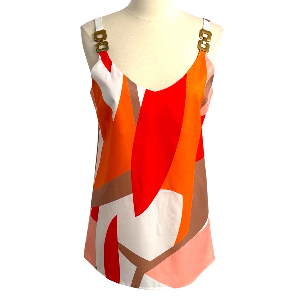 Women's Sleeveless Chain Shoulder Strap Flowy Asymmetric Print Top, Size L